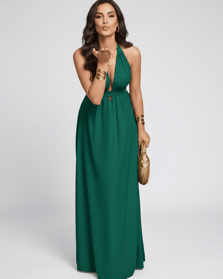 Vestido sin mangas para mujer, estilo maxi, escote halter en V. Vestido elegante y fluido.