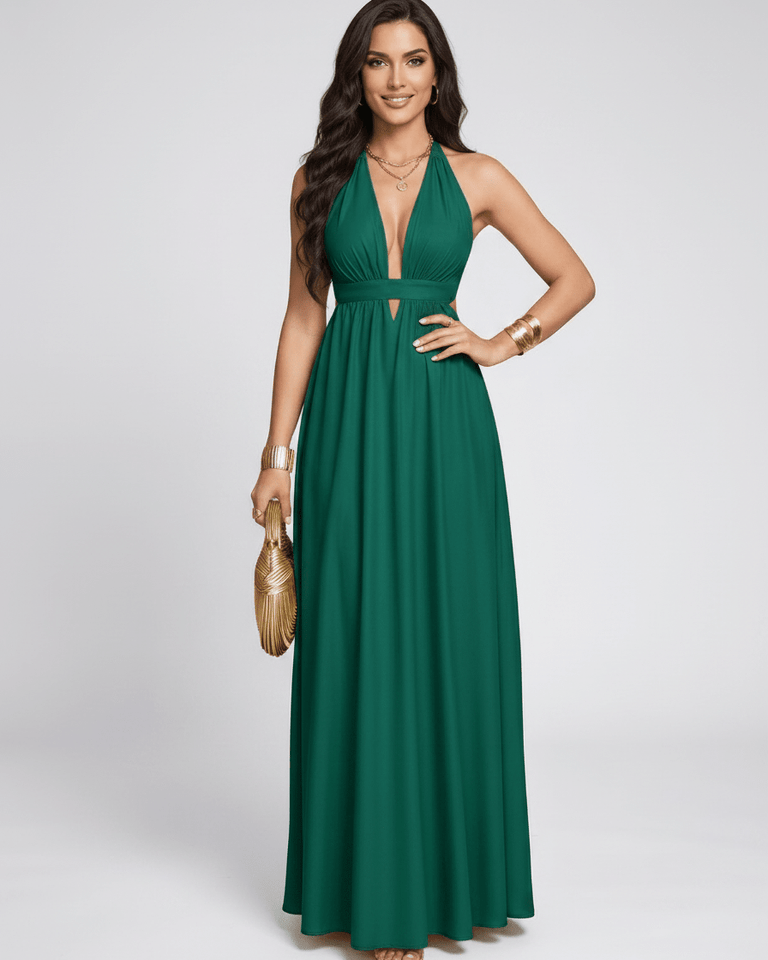Vestido de fiesta, moda femenina, estilo maxi, escote halter en V. Vestido largo y fluido.