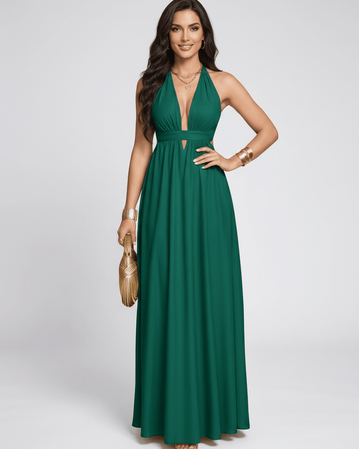Vestido de fiesta, moda femenina, estilo maxi, escote halter en V. Vestido largo y fluido.