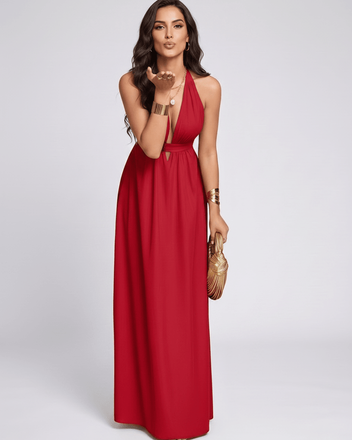 Vestido de fiesta para mujer, estilo maxi, diseño fluido, escote halter en V. Ropa elegante de verano.