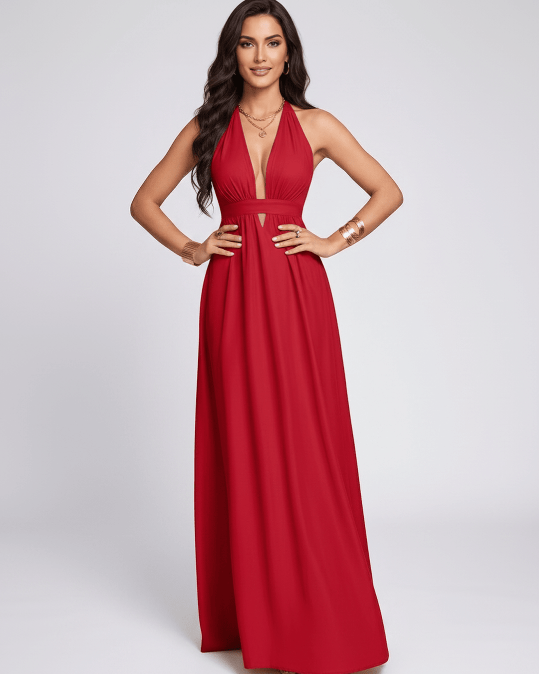 Elegante vestido maxi para mujer, escote halter en V. Vestido fluido, perfecto para fiestas y eventos de verano.