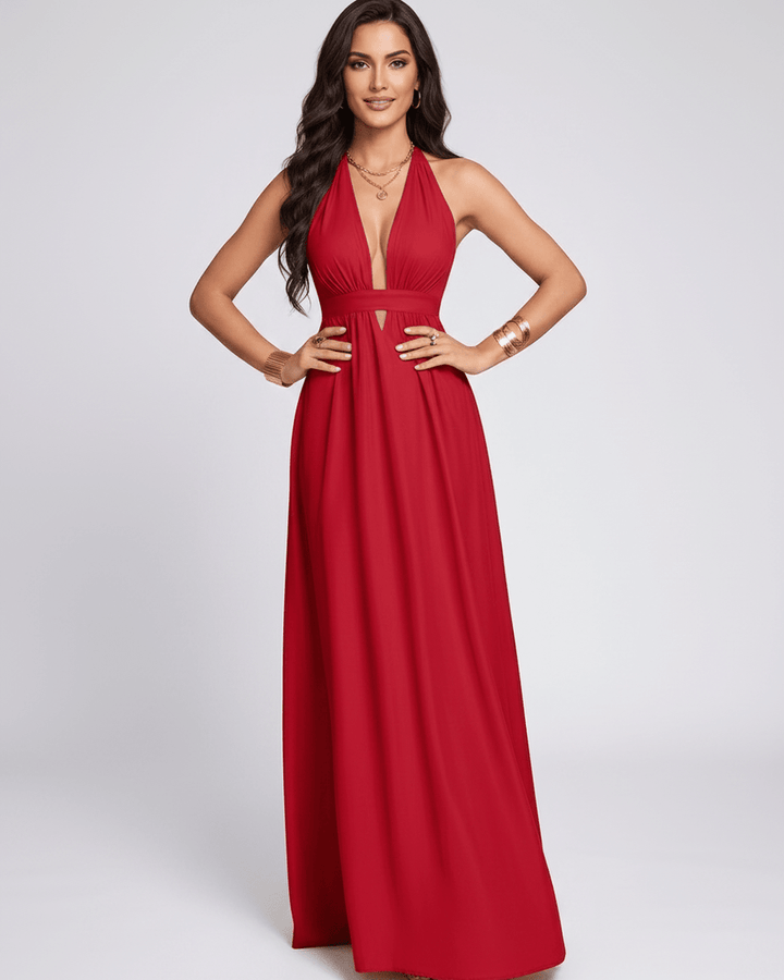 Elegante vestido maxi para mujer, escote halter en V. Vestido fluido, perfecto para fiestas y eventos de verano.