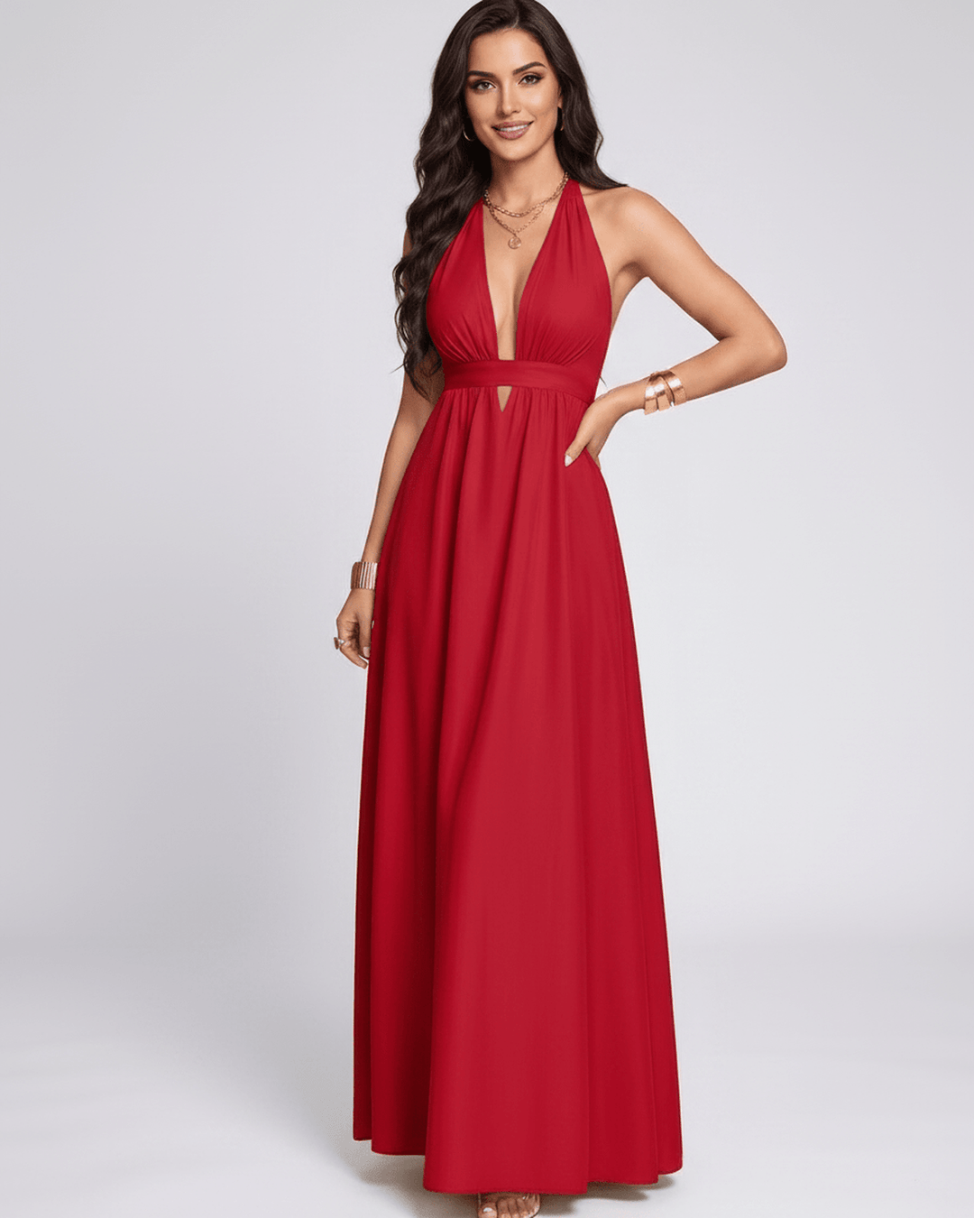 Vestido de verano fluido, escote halter. Vestido maxi sin mangas para mujer, ideal para ropa elegante.