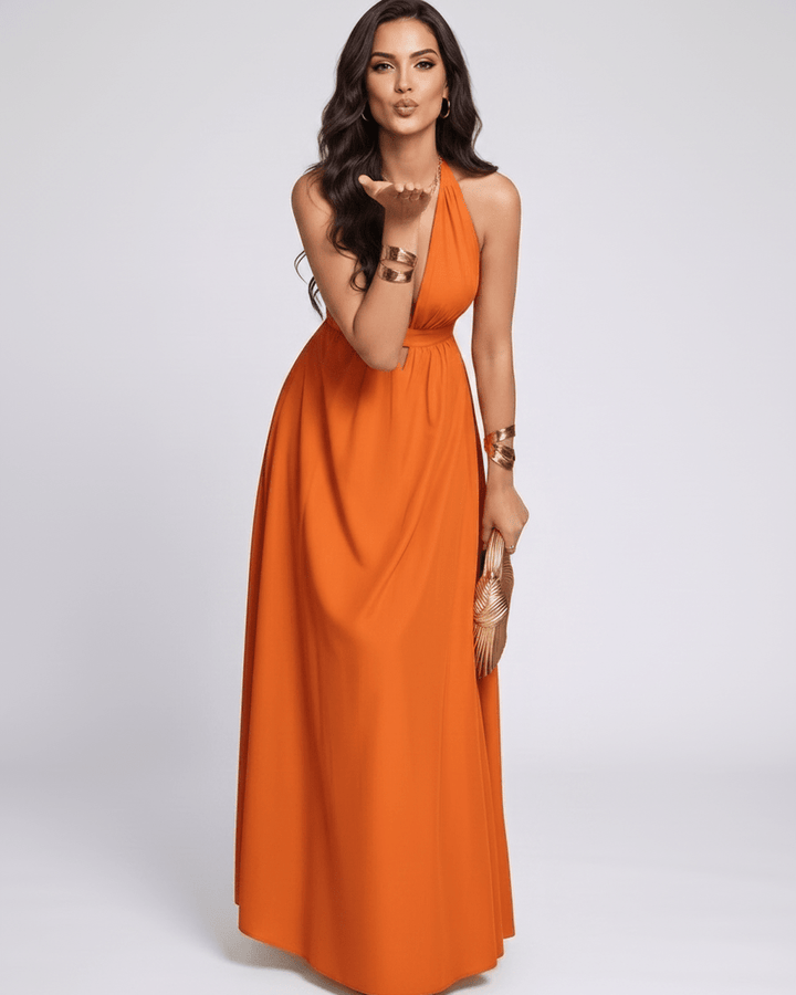 Vestido de verano para mujer, estilo maxi, escote halter. Vestido fluido sin mangas, ropa elegante.