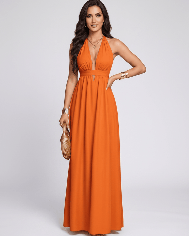 Vestido de fiesta para mujer, corte maxi, diseño fluido, escote halter. Ropa elegante para verano.