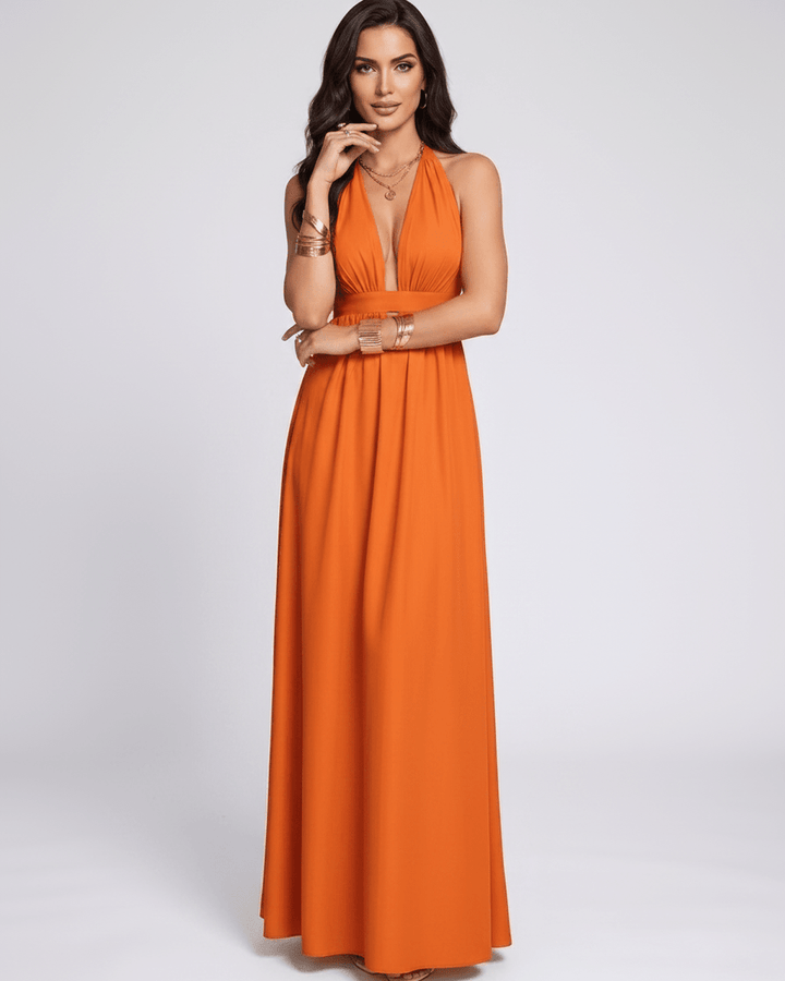Vestido largo sin mangas, escote halter para mujer. Vestido de verano fluido y elegante.