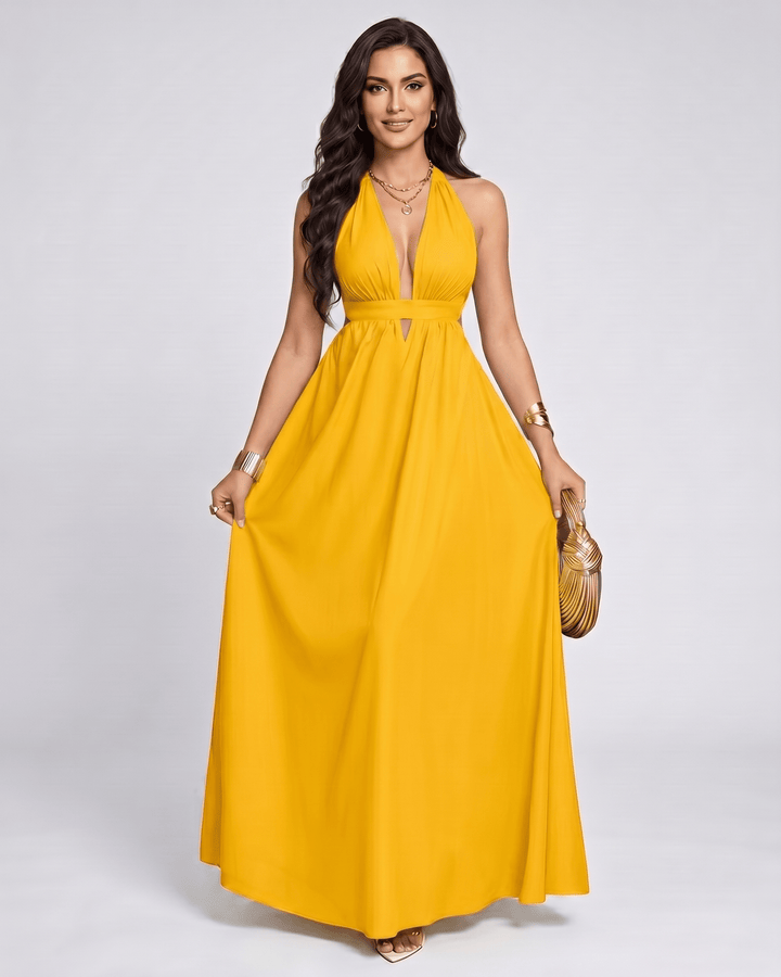 Vestido largo sin mangas, escote halter para mujer. Vestido de verano fluido, ideal para un look elegante.