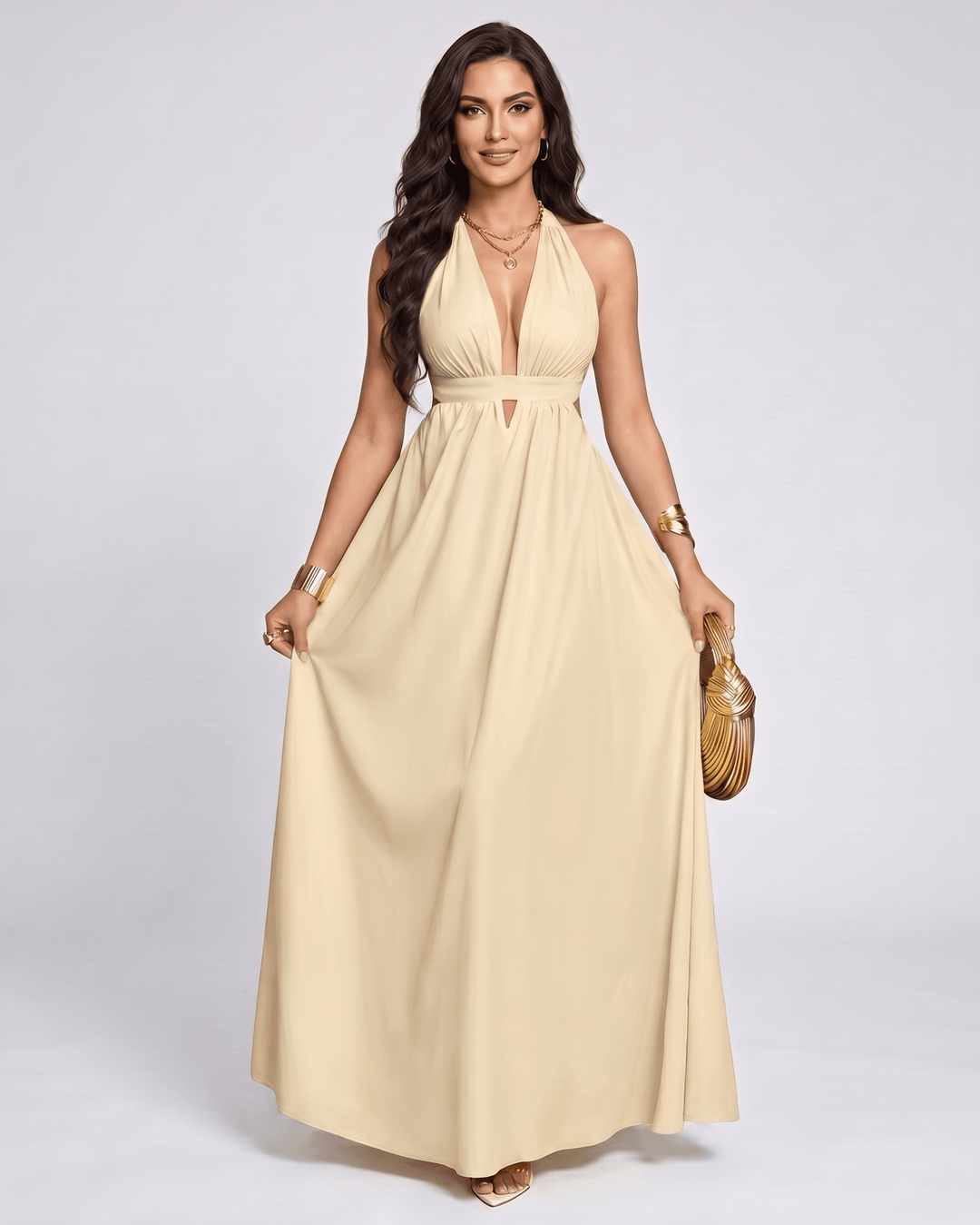 Vestido de mujer, estilo maxi, escote halter en V. Vestido fluido y sin mangas, ideal para ropa elegante.