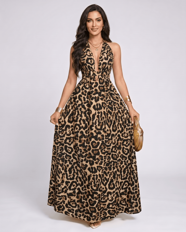 Vestido de verano fluido para mujer, con escote halter. Vestido maxi sin mangas, ideal para ocasiones elegantes.