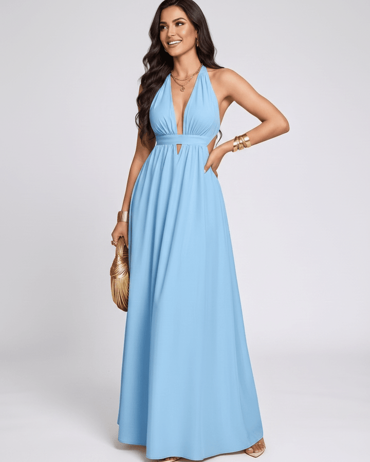 Vestido largo elegante para mujer, escote halter en V. Diseño fluido, perfecto para fiesta.