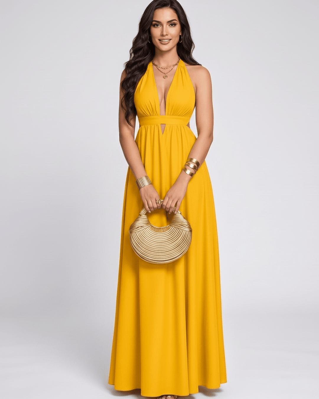 Vestido de fiesta, moda femenina, estilo maxi, escote halter en V. Vestido largo y fluido, muy elegante.