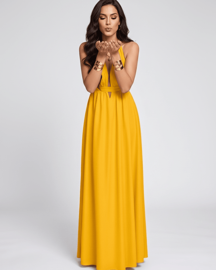 Vestido de mujer, moda femenina, estilo maxi, escote halter. Vestido largo y fluido para verano.