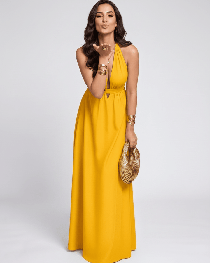 Vestido sin mangas para mujer, estilo maxi, escote halter en V. Vestido elegante y fluido de verano.