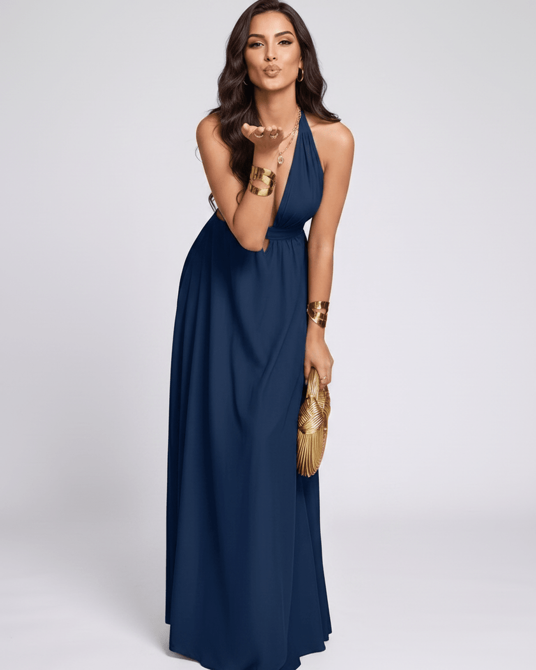 Vestido de verano para mujer, estilo maxi, escote halter, sin mangas. Perfecto para ropa elegante.