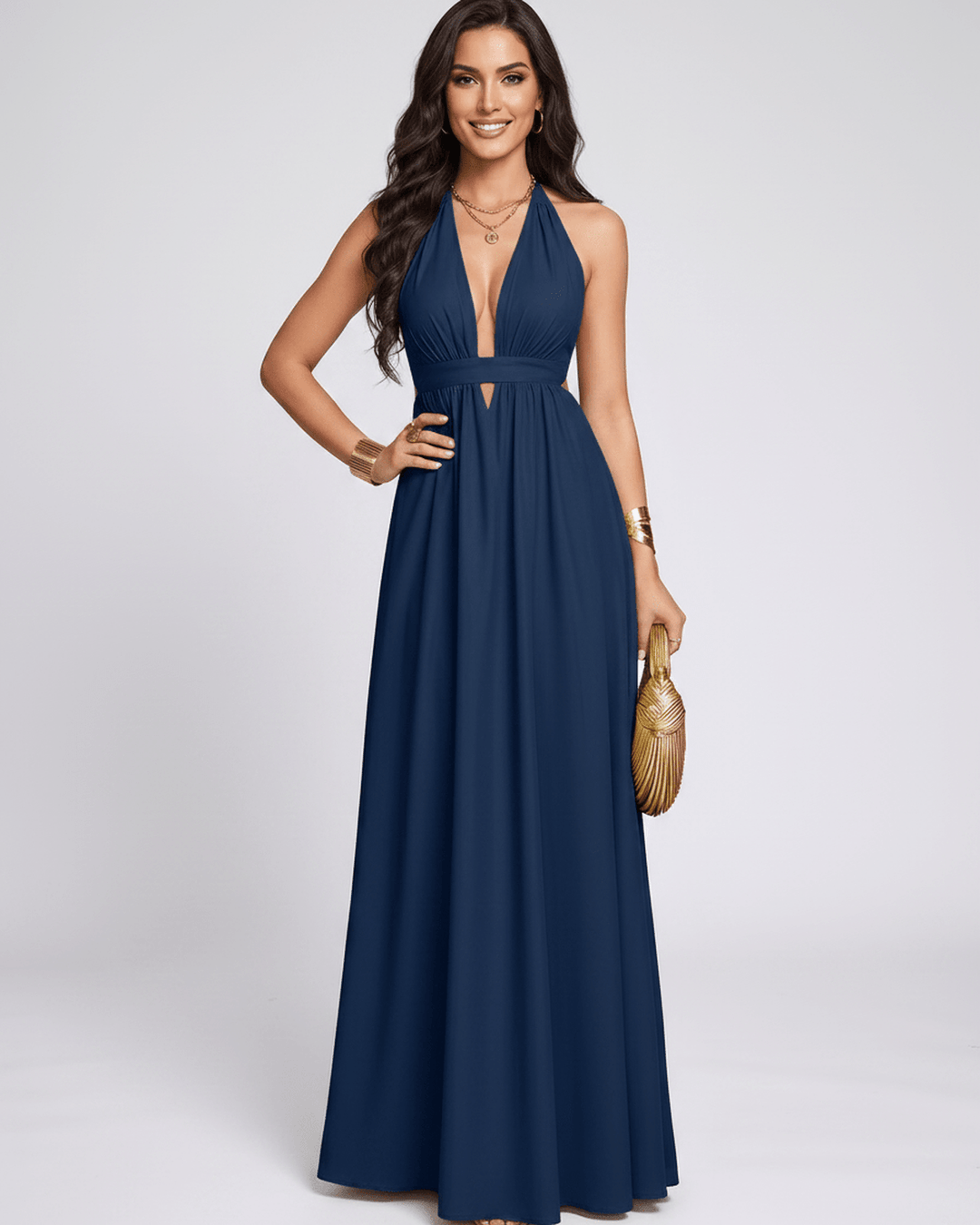 Vestido fluido para mujer, diseño elegante, escote en V halter. Vestido largo ideal para cualquier ocasión.