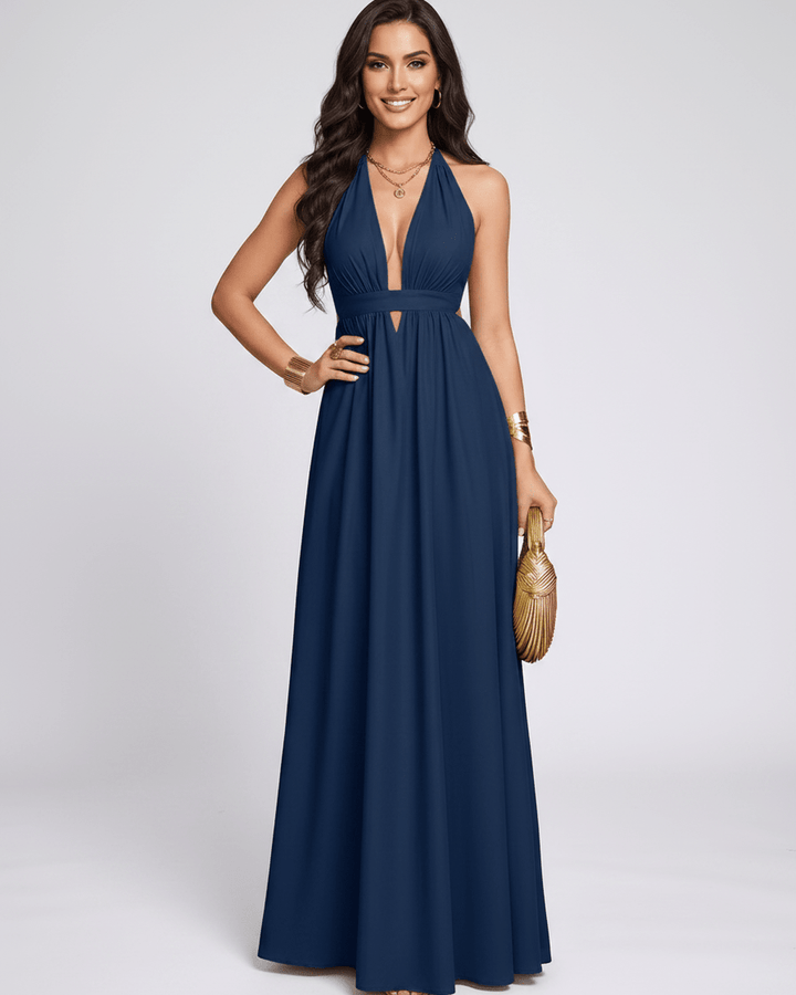 Vestido fluido para mujer, diseño elegante, escote en V halter. Vestido largo ideal para cualquier ocasión.