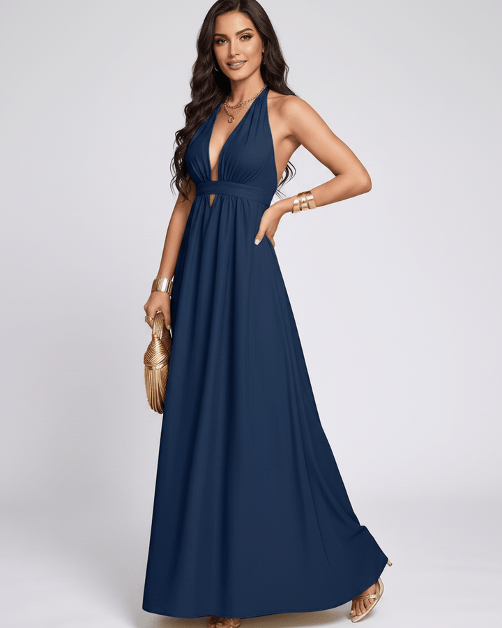 Moda femenina: vestido maxi con escote halter. Vestido de verano, largo y sin mangas, muy elegante.