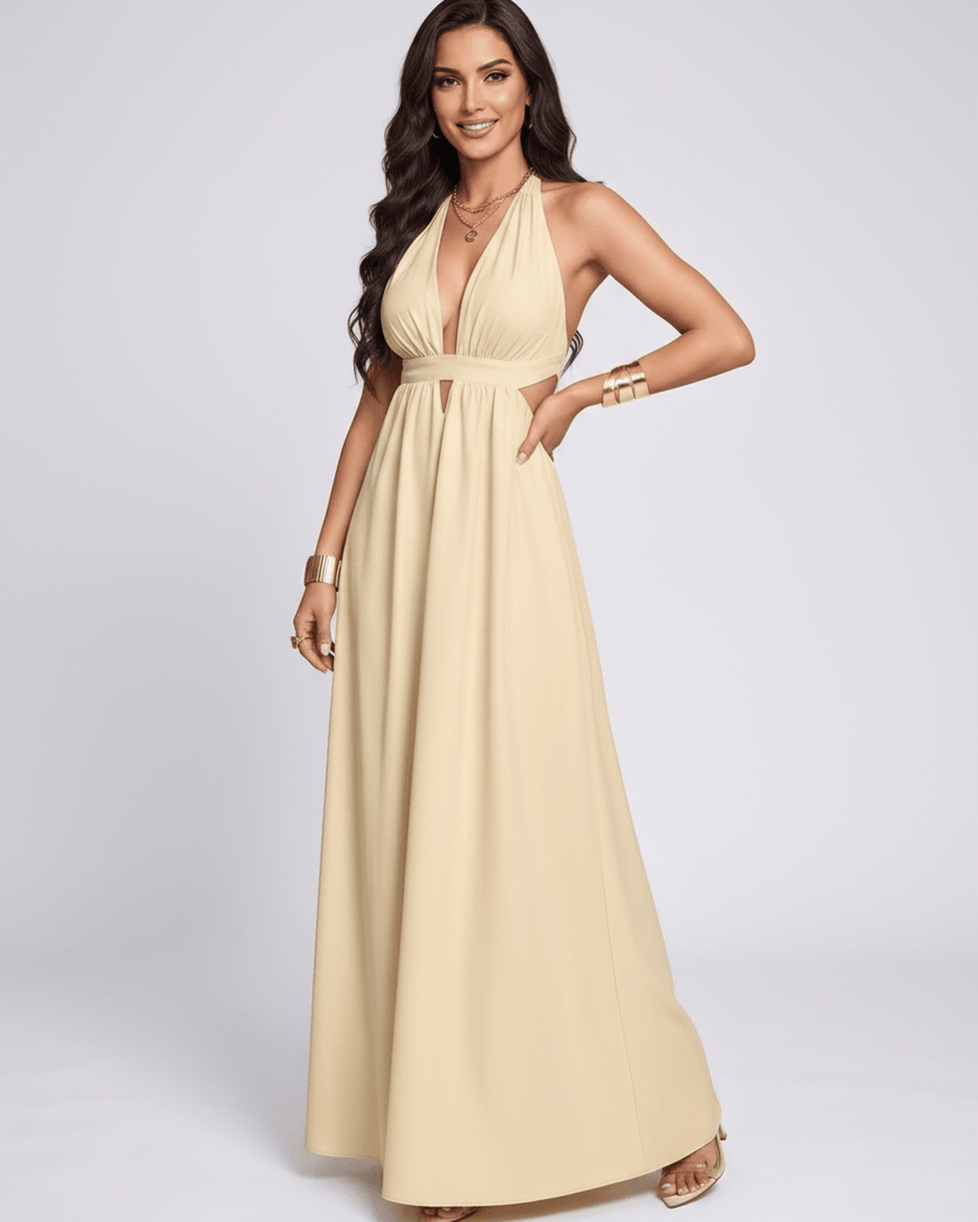 Ropa femenina elegante: Vestido maxi fluido, escote halter en V. Vestido largo para fiesta o verano.