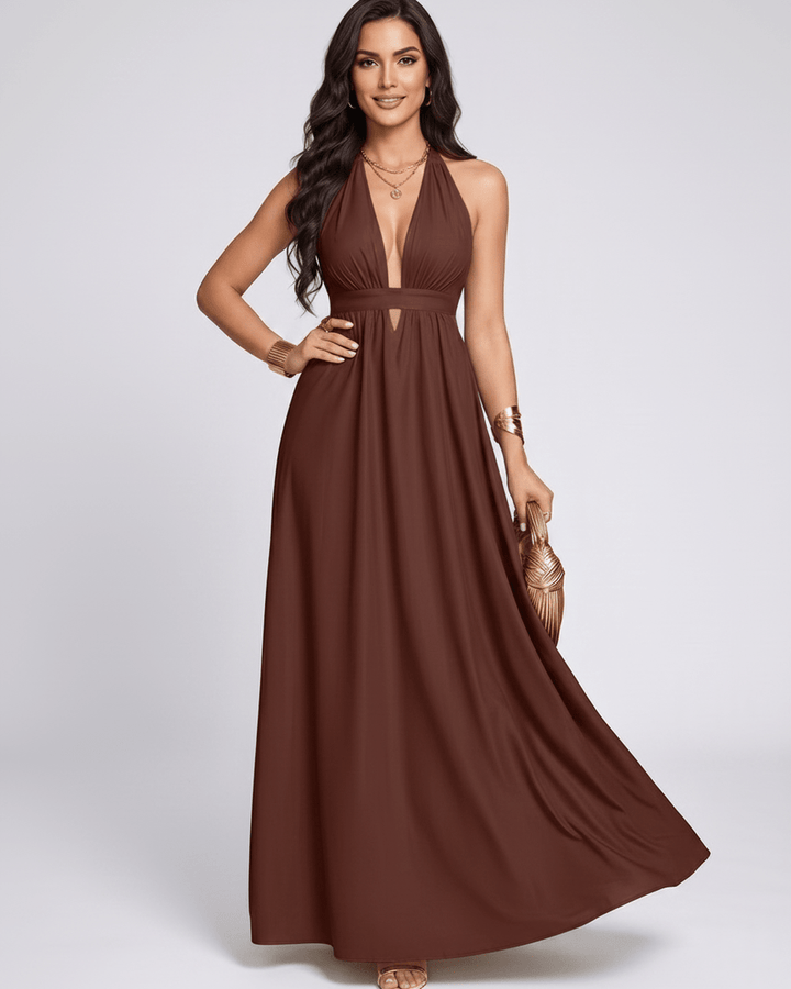 Vestido maxi escote halter en V, diseño fluido para mujer. Ideal para fiesta y eventos elegantes.