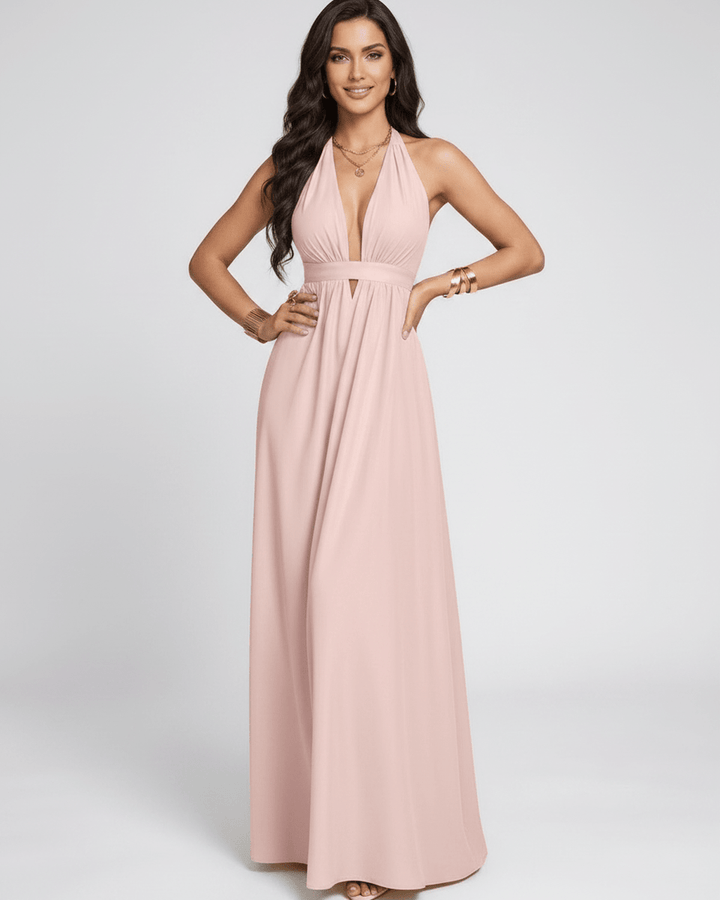 Vestido de mujer, moda femenina, estilo maxi. Vestido largo fluido con escote halter en V.
