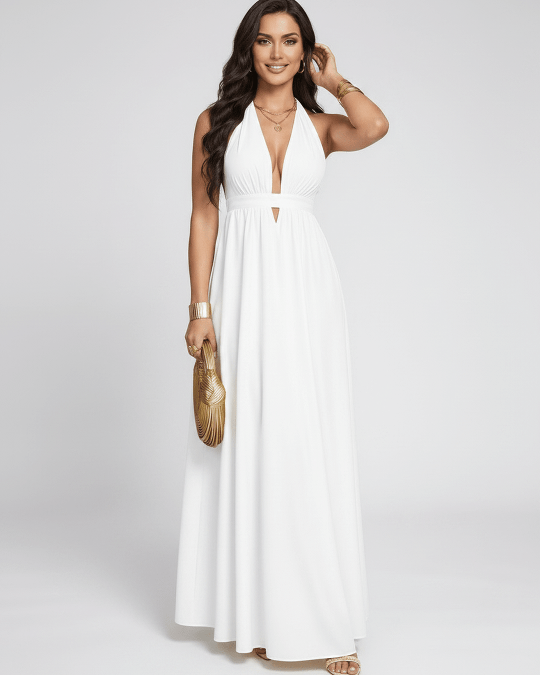Elegante vestido maxi para mujer, escote halter en V. Vestido fluido para fiestas.