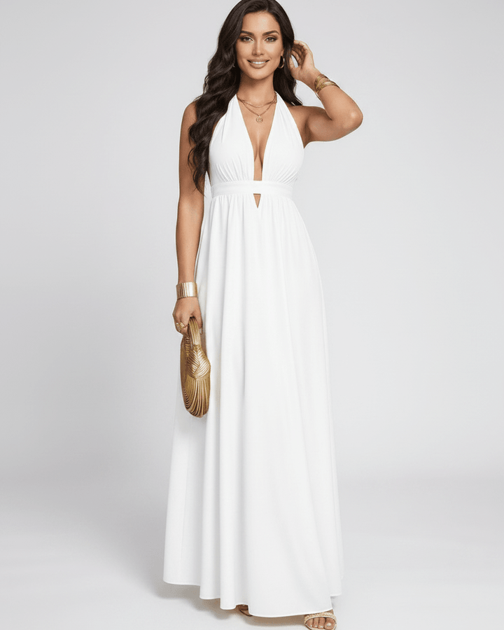 Elegante vestido maxi para mujer, escote halter en V. Vestido fluido para fiestas.