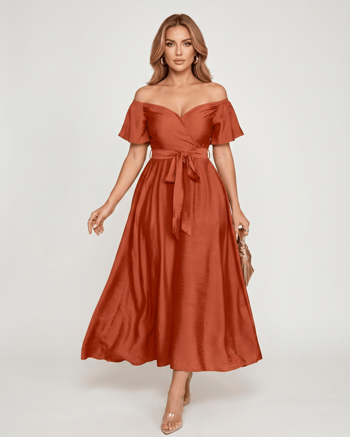 Vestido de fiesta elegante para mujer, con hombros descubiertos, estilo maxi, ideal para noche.