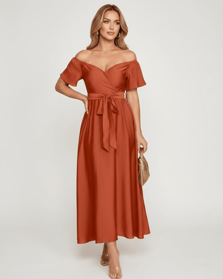 Vestido largo de cóctel, elegante y chic, con hombros descubiertos, para moda femenina.
