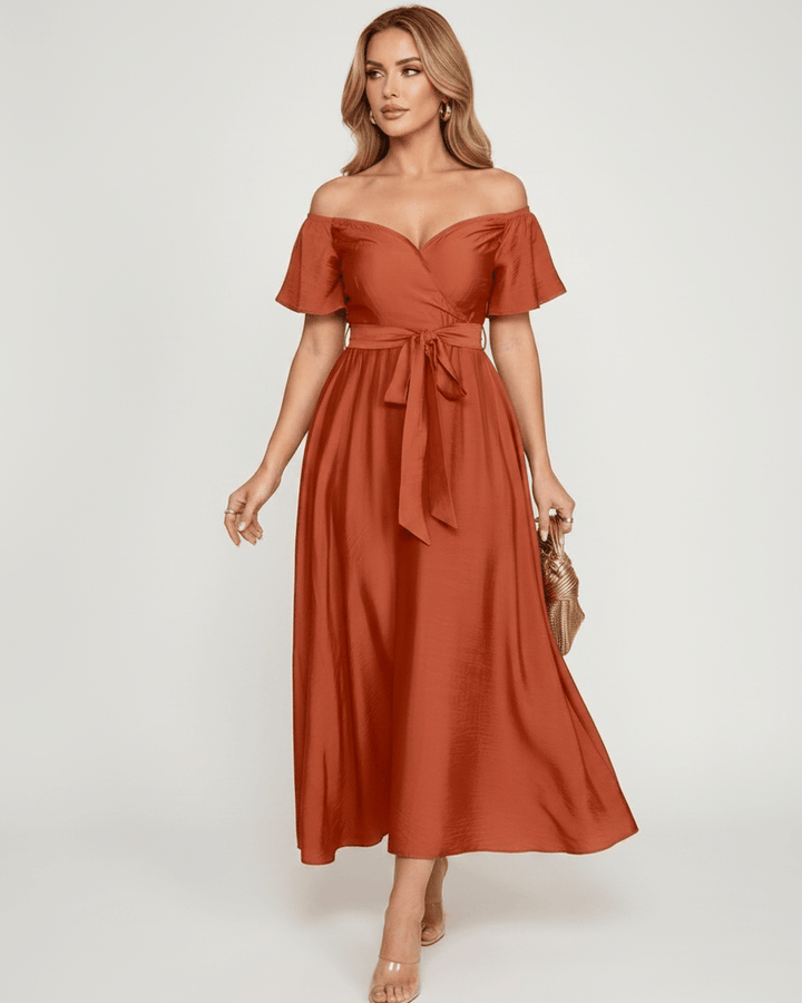 Vestido de fiesta para invitada de boda, maxi, con hombros descubiertos, diseño elegante.