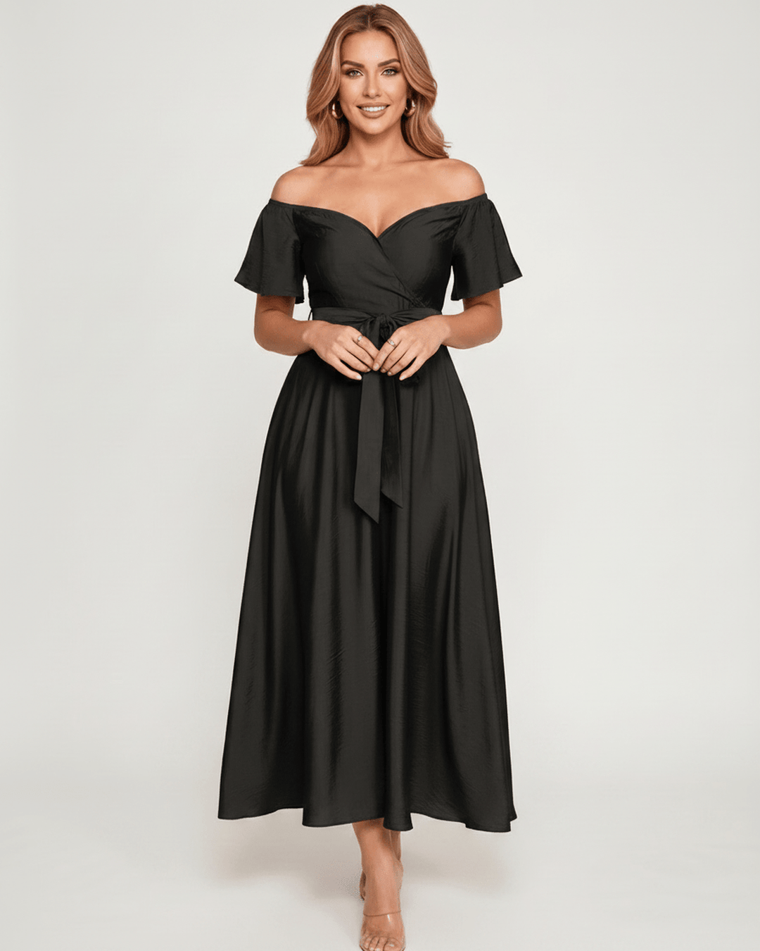 Vestido de fiesta formal para mujer, corte maxi, con hombros descubiertos, estilo moderno.
