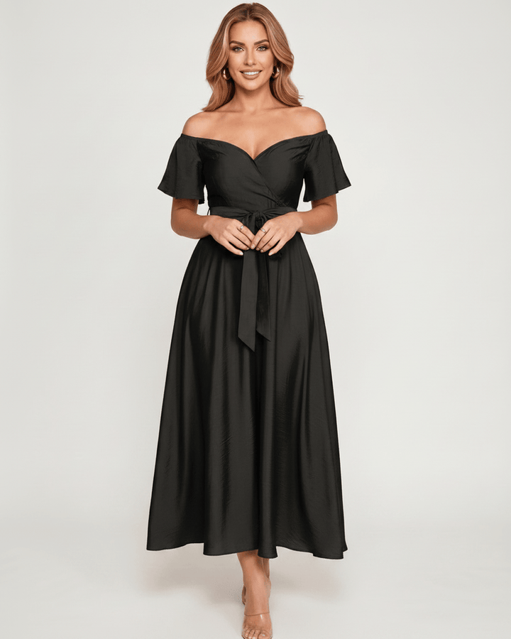 Vestido de fiesta formal para mujer, corte maxi, con hombros descubiertos, estilo moderno.