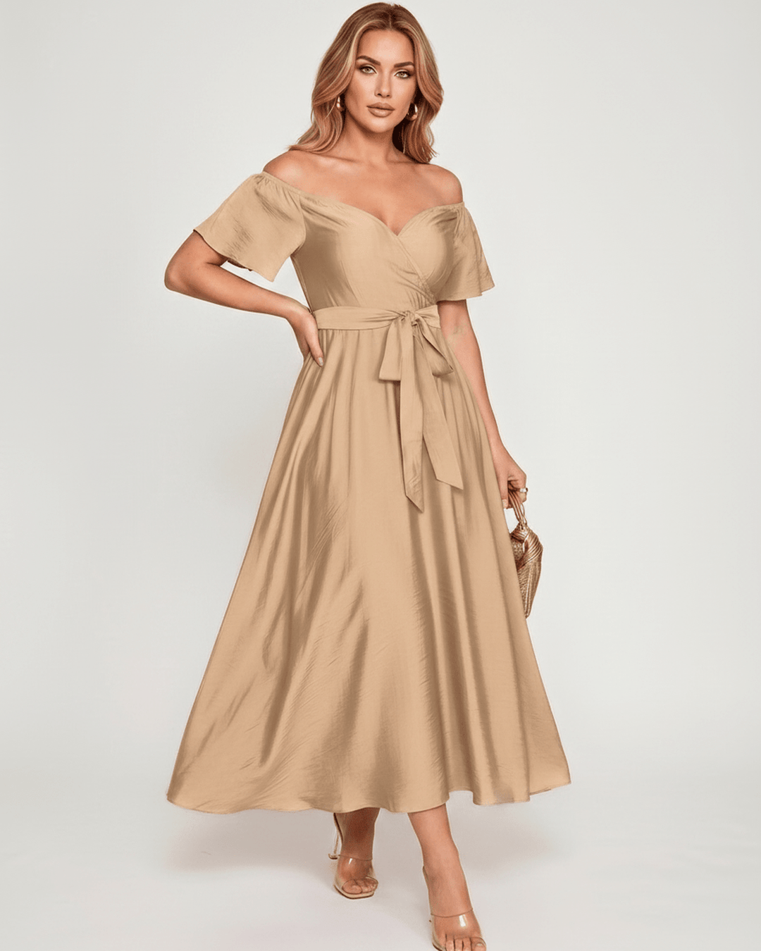 Elegante vestido de fiesta para mujer, corte maxi, con hombros descubiertos, para un look formal.