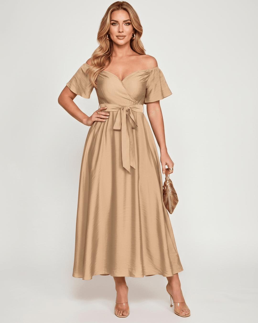Vestido de verano maxi para mujer, hombros descubiertos, diseño fluido y chic para cóctel.
