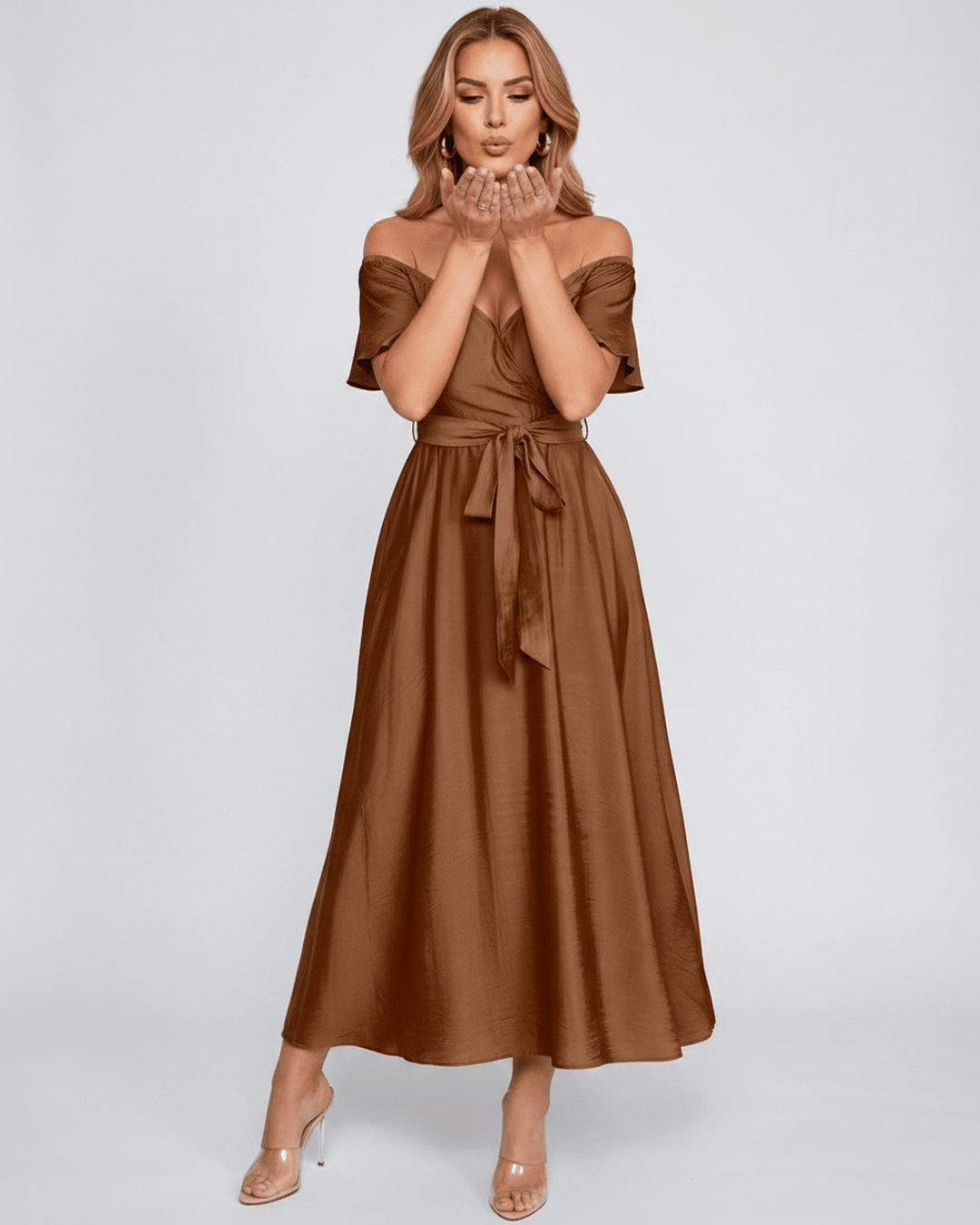 Vestido de verano elegante, maxi, con hombros descubiertos, para mujer, ideal para fiestas.