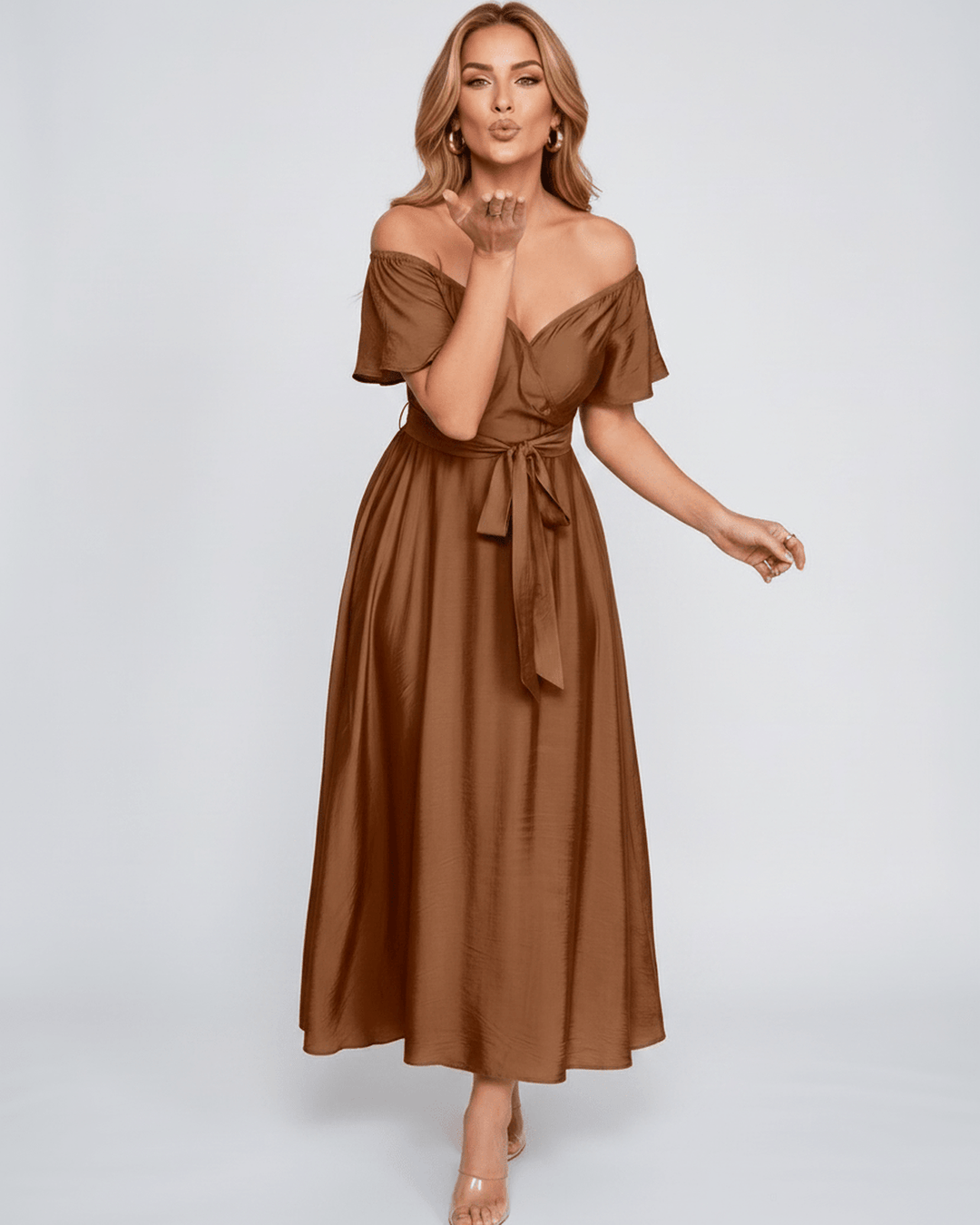 Vestido largo con hombros descubiertos para mujer, estilo chic, elegante, perfecto para cóctel.