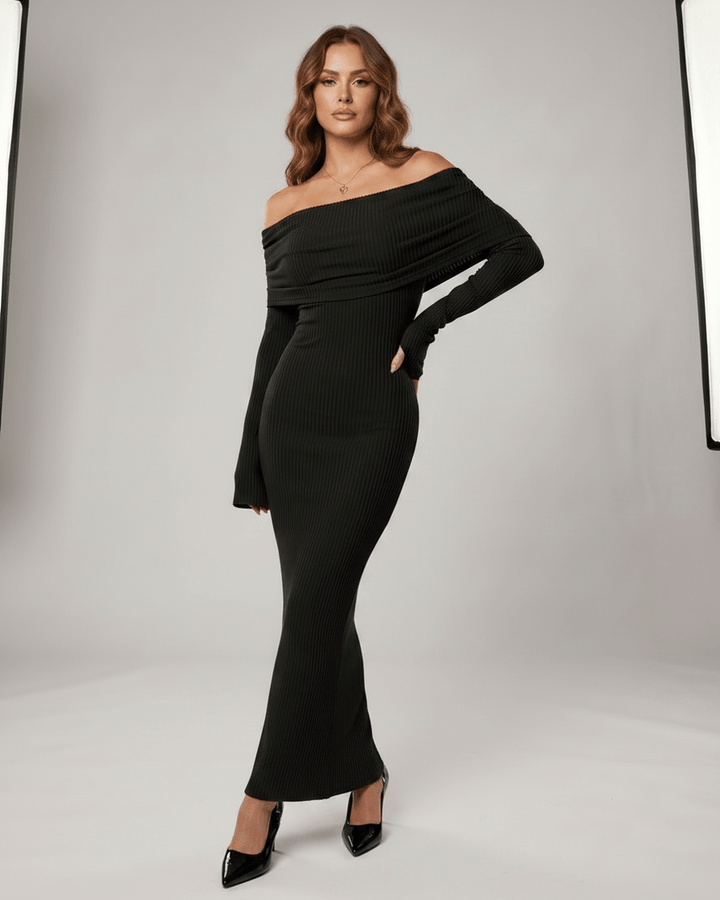 Ropa elegante mujer: Vestido maxi con escote descubierto, manga larga. Formal.