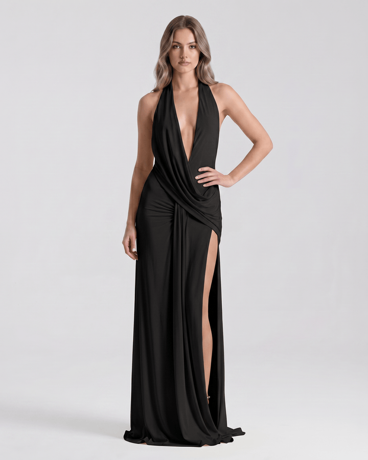 Vestido formal de noche, maxi, escote en V, espalda descubierta. Moda femenina de lujo.