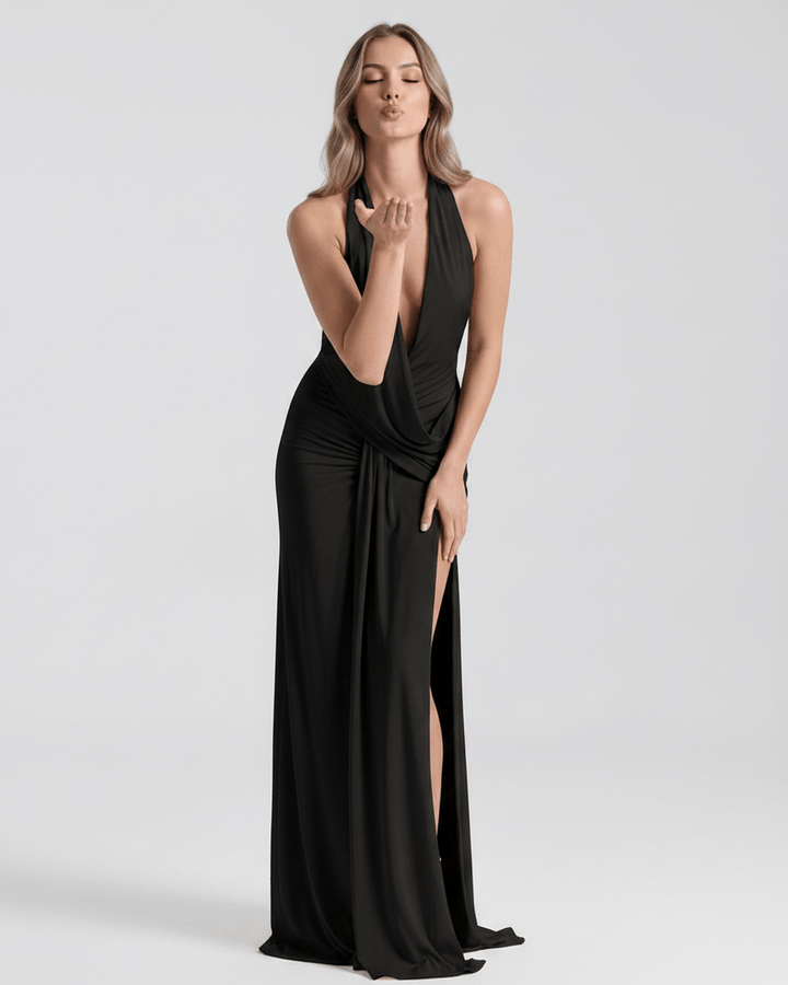 Vestido elegante con escote V, largo maxi y abertura lateral. Perfecto para gala.