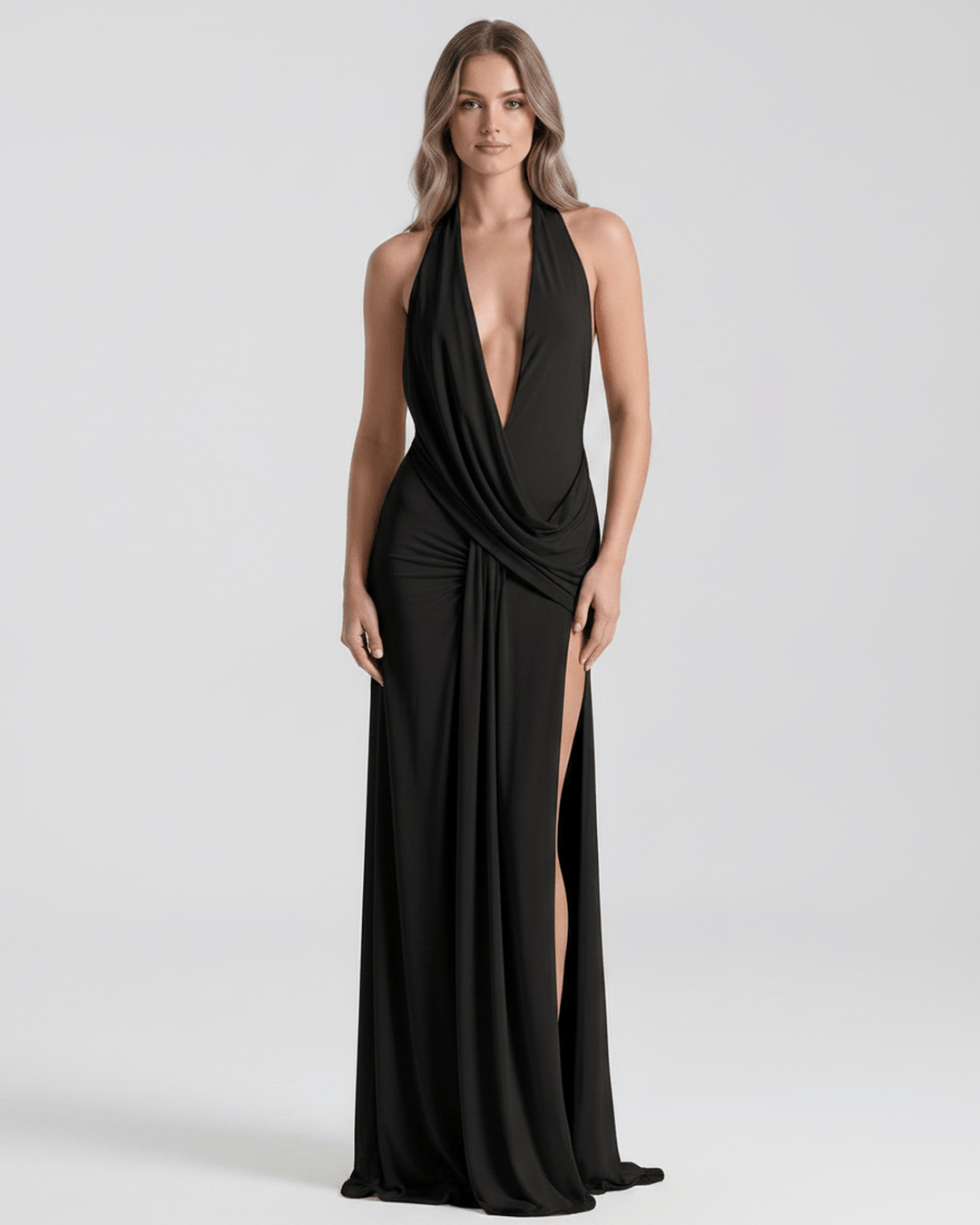 Vestido de noche sofisticado, maxi, escote V, espalda sexy. Para ocasiones únicas.