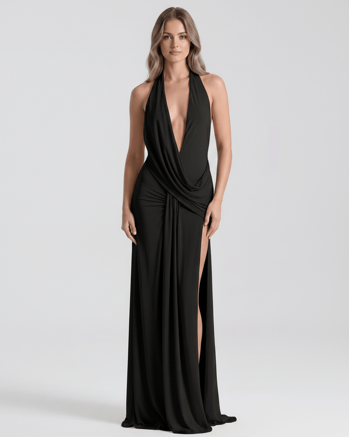 Vestido de noche sofisticado, maxi, escote V, espalda sexy. Para ocasiones únicas.