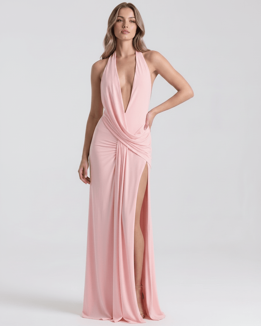 Vestido de fiesta mujer, maxi, escote V, abertura lateral. Estilo sofisticado y moderno.