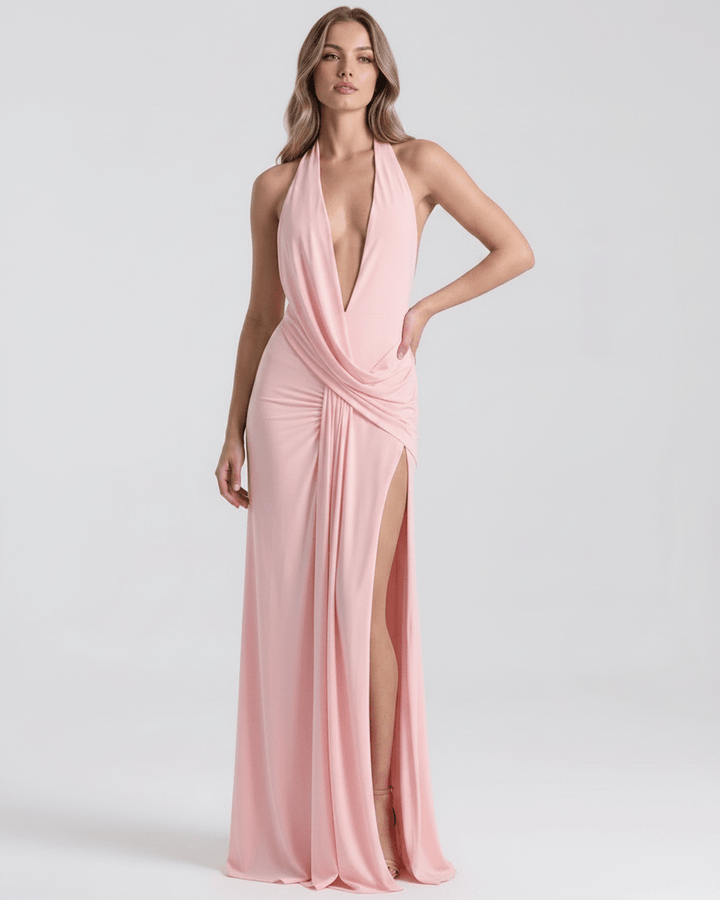 Vestido de fiesta mujer, maxi, escote V, abertura lateral. Estilo sofisticado y moderno.