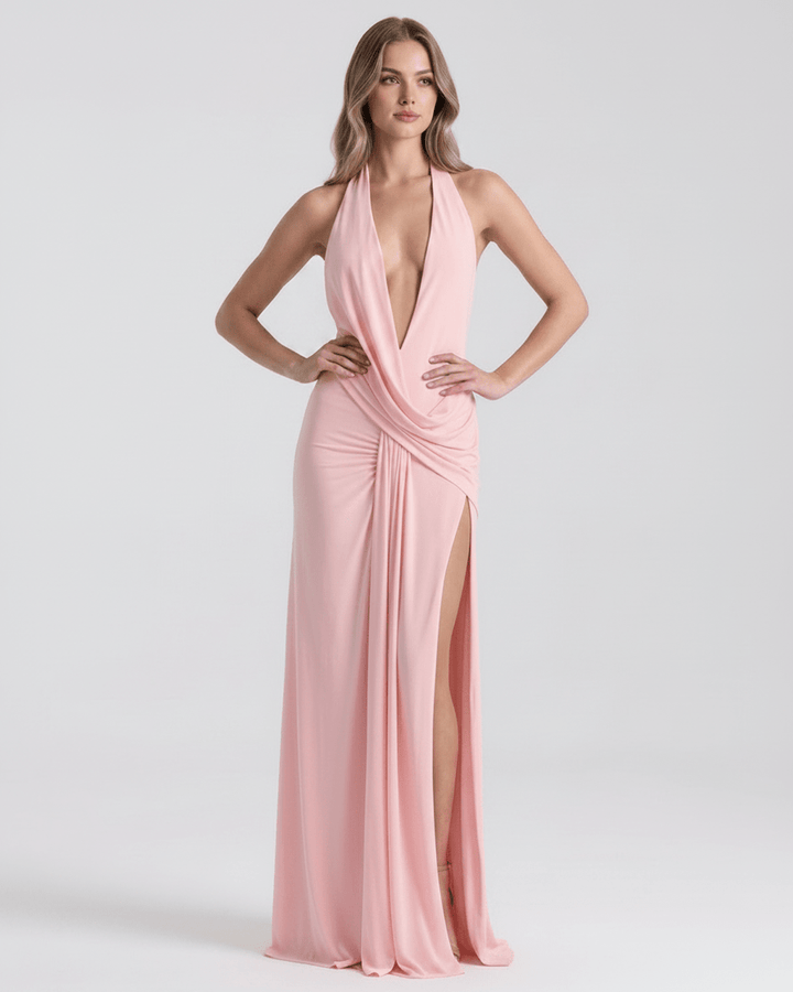 Vestido de verano maxi, estilo elegante, escote V, abertura. Comodidad y glamour.