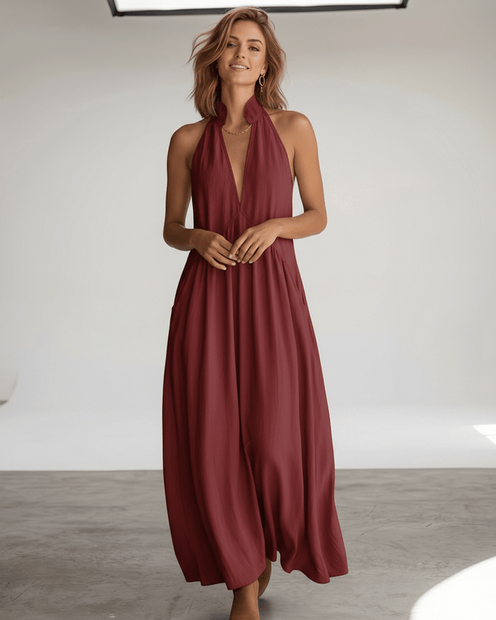 Vestido halter casual y elegante, perfecto para el verano y eventos relajados, muy cómodo.