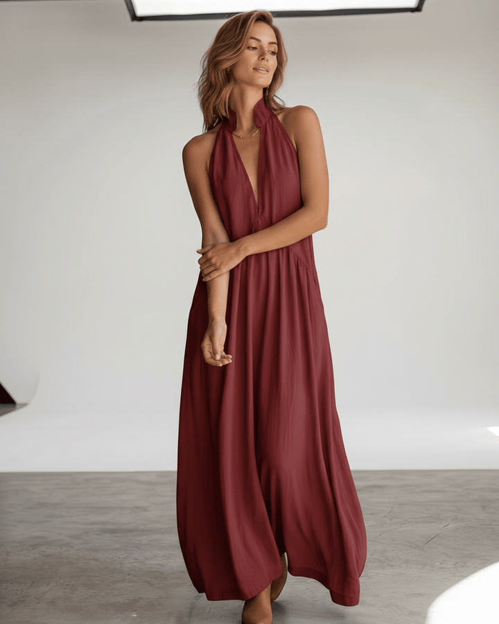 Vestido halter largo, versátil para playa o noche de verano, cómodo y chic con bolsillos.