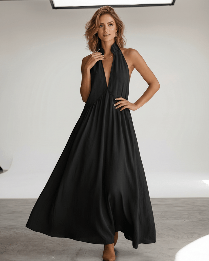 Vestido de playa maxi halter, elegante para la cena, casual para el día, con bolsillos.