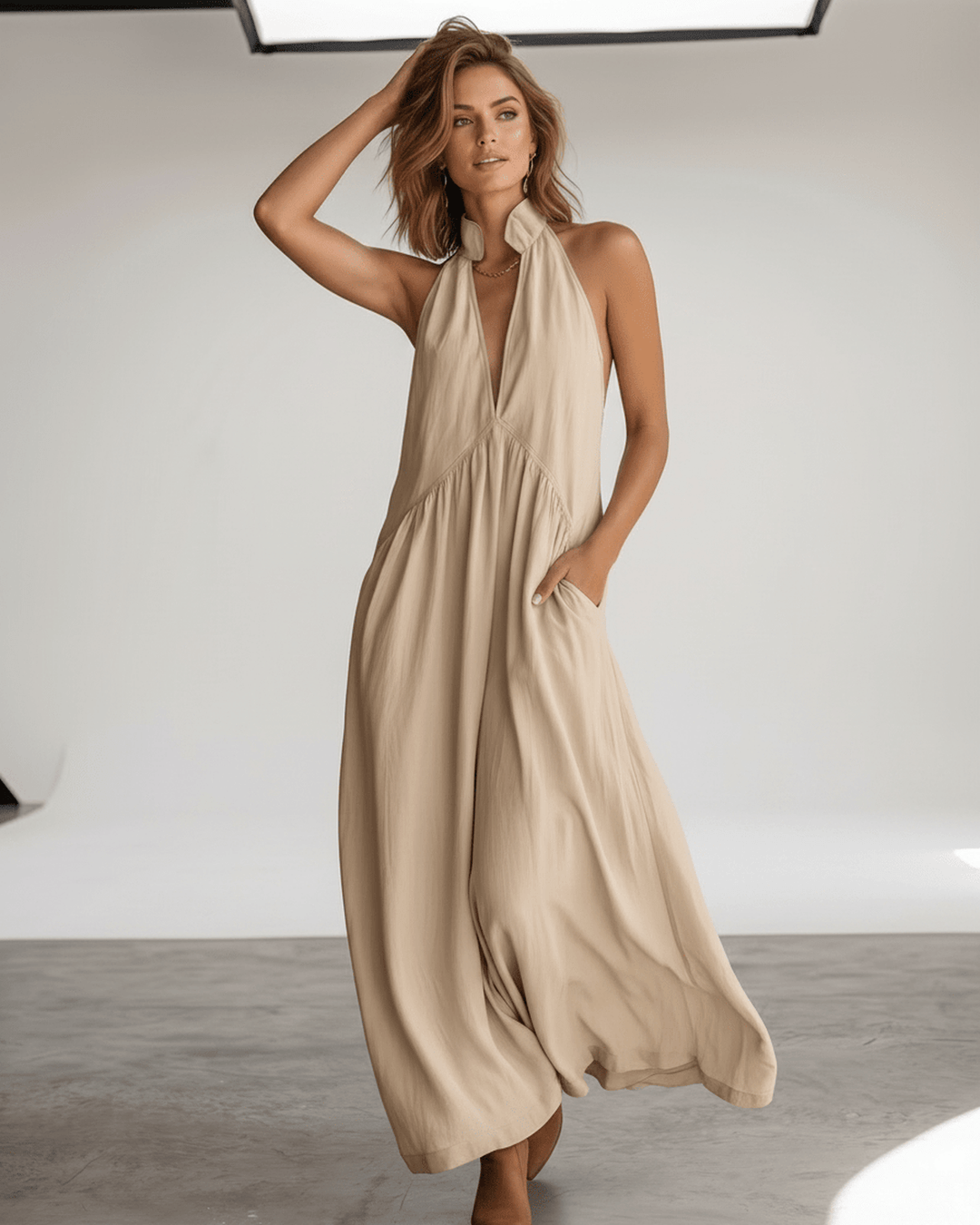 Vestido largo de verano para mujer, cuello halter, sin mangas, fluido y muy cómodo.