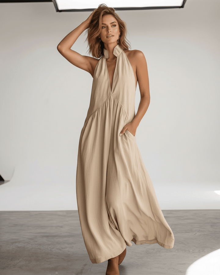 Vestido largo de verano para mujer, cuello halter, sin mangas, fluido y muy cómodo.