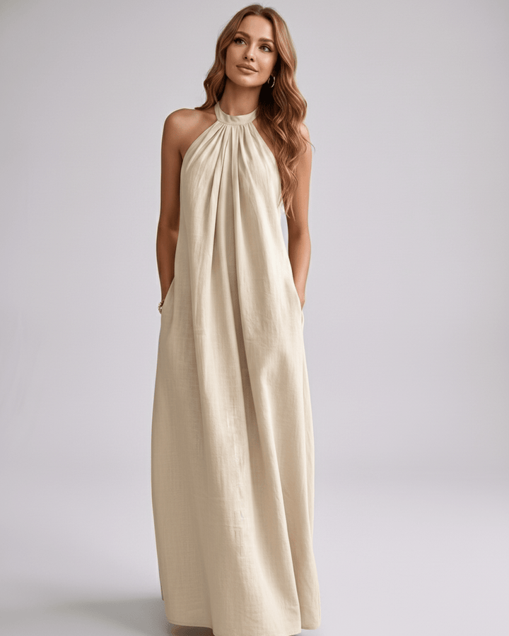 Vestido largo bohemio para mujer, cuello halter, ideal para un look desenfadado.