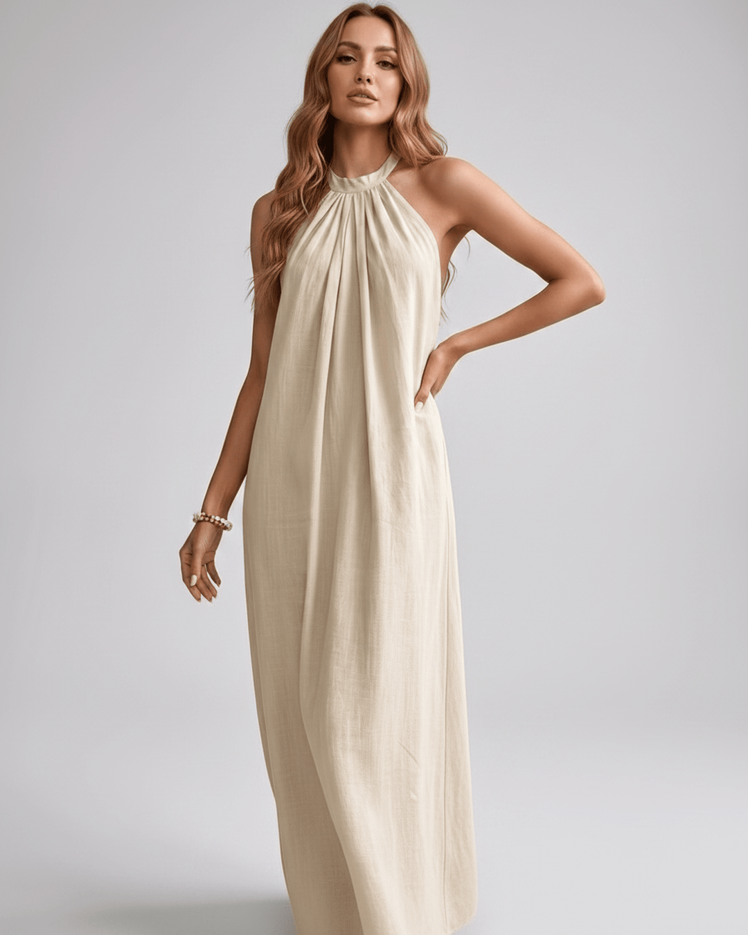 Ropa femenina: vestido sin mangas halter, ajuste holgado para el confort estival.